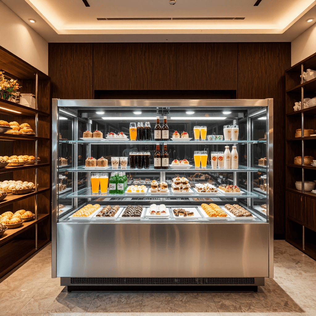 product photography of a refrigerated display case for beverages and desserts