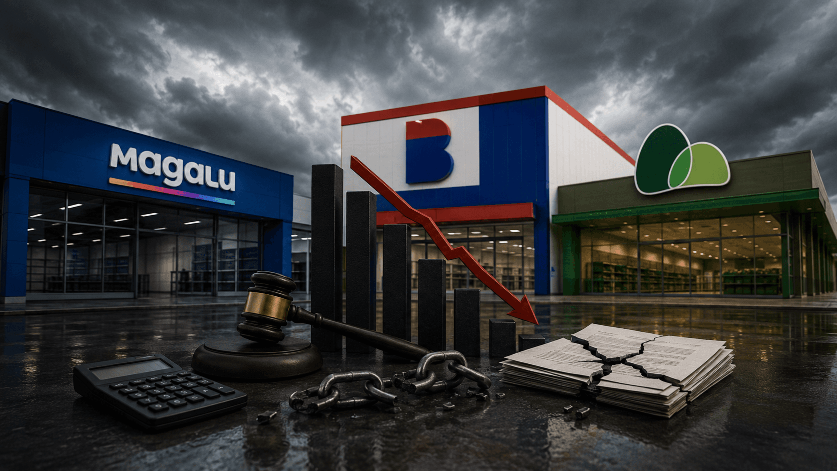 Ilustração realista em 3D mostrando fachadas inspiradas nas redes Magalu, Casas Bahia e Pão de Açúcar alinhadas em um mesmo cenário comercial sob céu escuro e carregado. Em primeiro plano, há um gráfico de barras em queda com uma seta vermelha apontando para baixo, um martelo de juiz, correntes quebradas, uma calculadora e documentos rachados espalhados sobre o chão molhado. O ambiente transmite instabilidade financeira, risco de inadimplência e preocupação para fornecedores que dependem de grandes redes varejistas como principais clientes. Não há pessoas nem textos na cena.