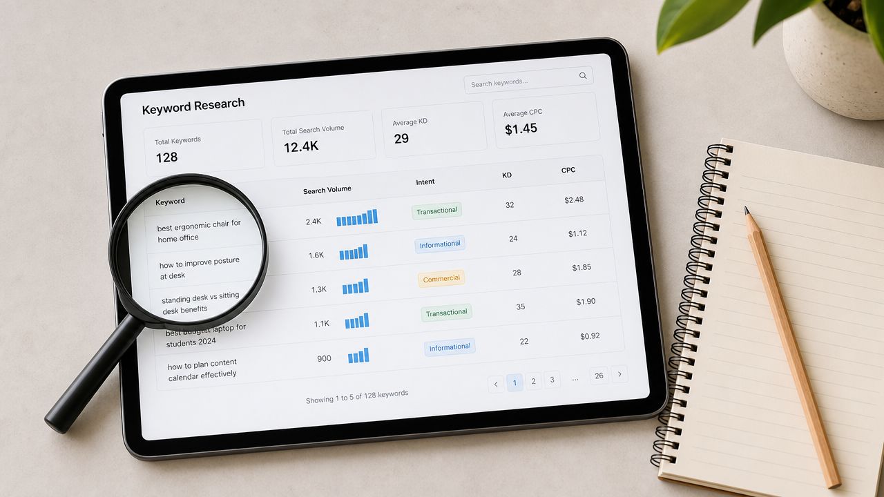 A tablet screen displaying a keyword research dashboard with search metrics, keywords, search volume, and intent categories.