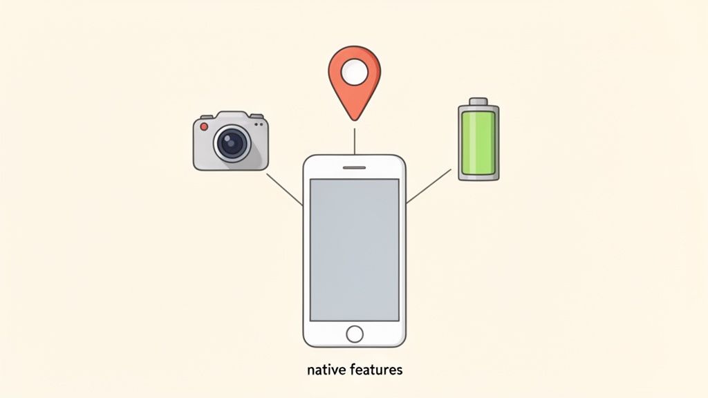 A smartphone connected to camera, location pin, and battery icons, representing native features.