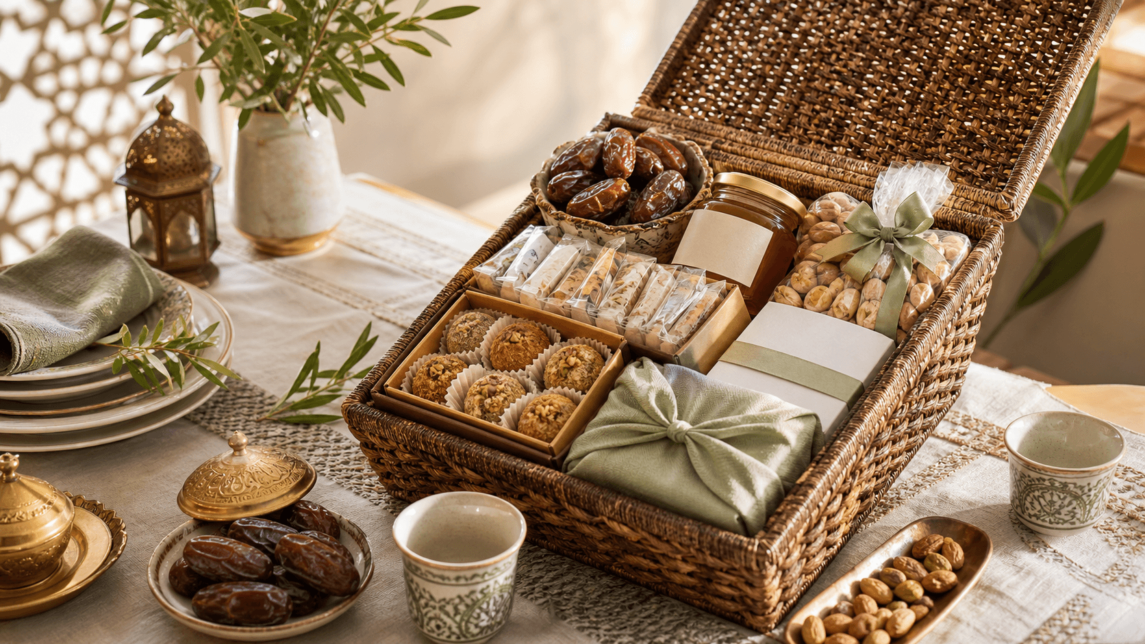 A halal Eid al-Adha hamper with Medjool dates and sweets, a gift of sharing to pass around family and neighbours