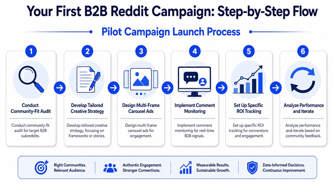A six-step infographic guide detailing the workflow for launching a B2B Reddit advertising campaign strategy.
