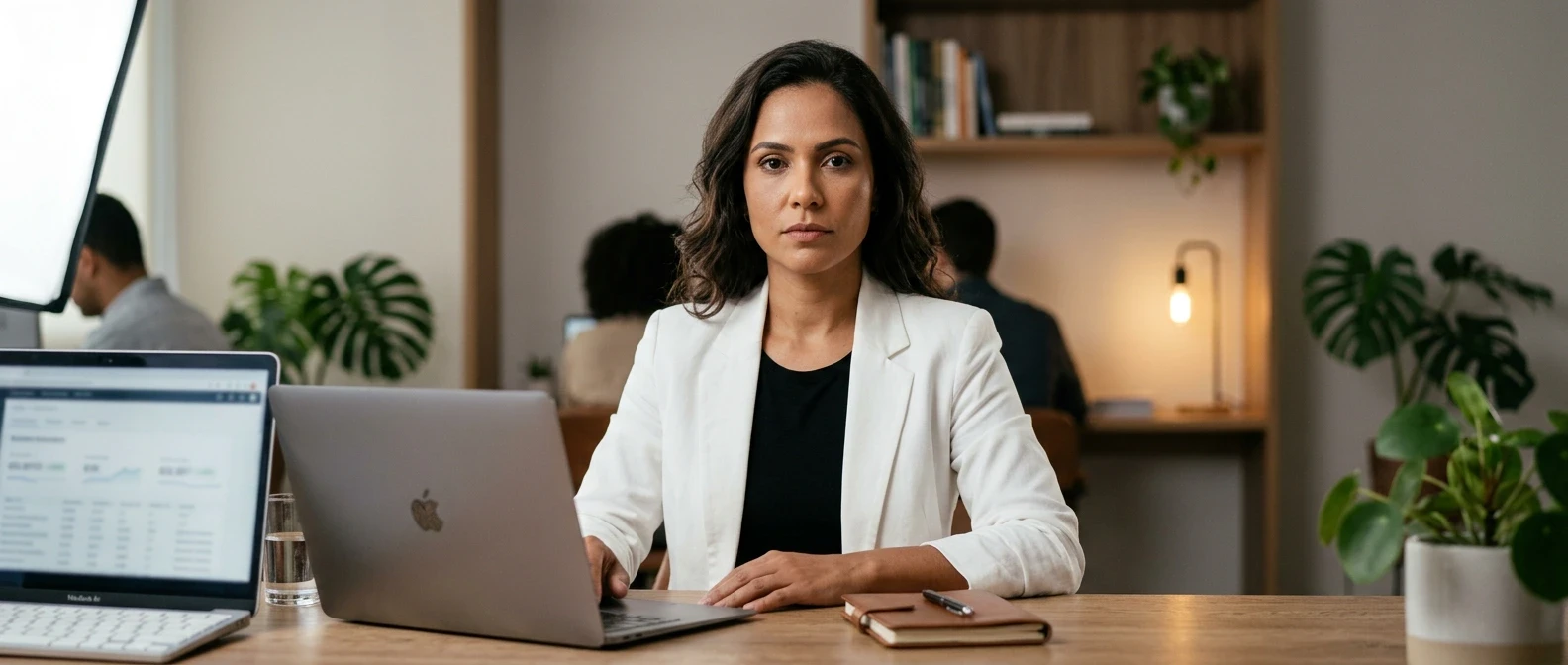 Empresária brasileira sentada em escritório moderno com laptop aberto, expressão séria e direta, representando o desafio de empresas em Uberlândia que não investem em marketing digital.
