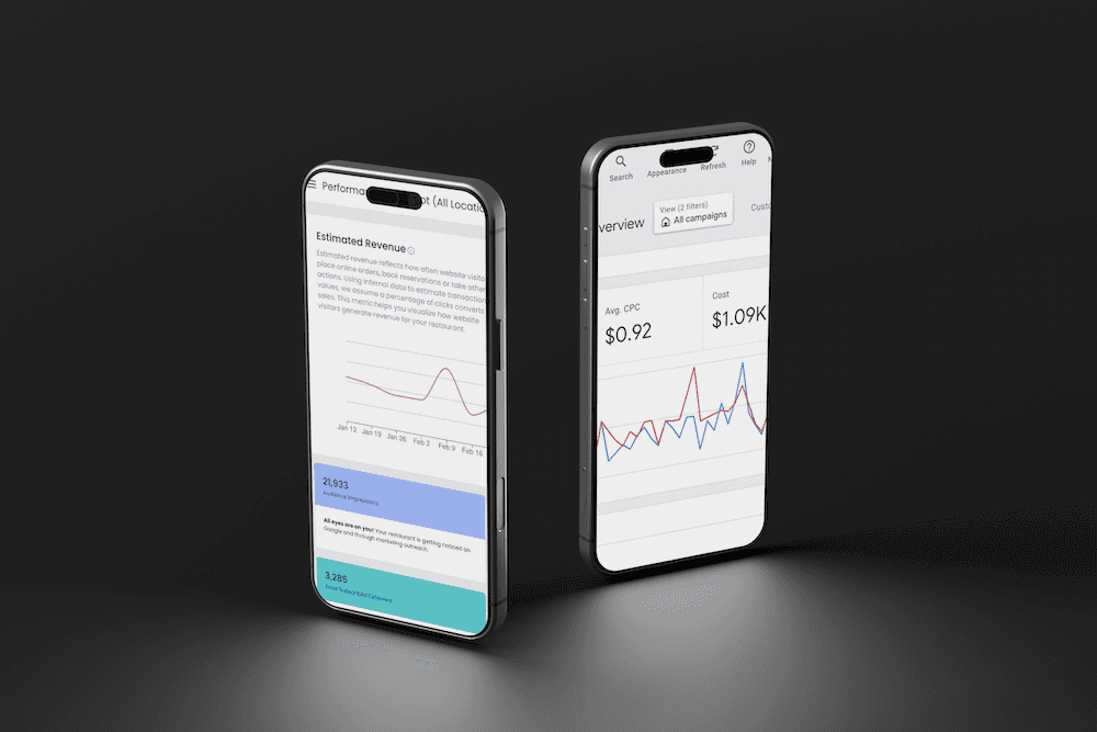 two mobile phones in a dark room showing analytics for Google Ads