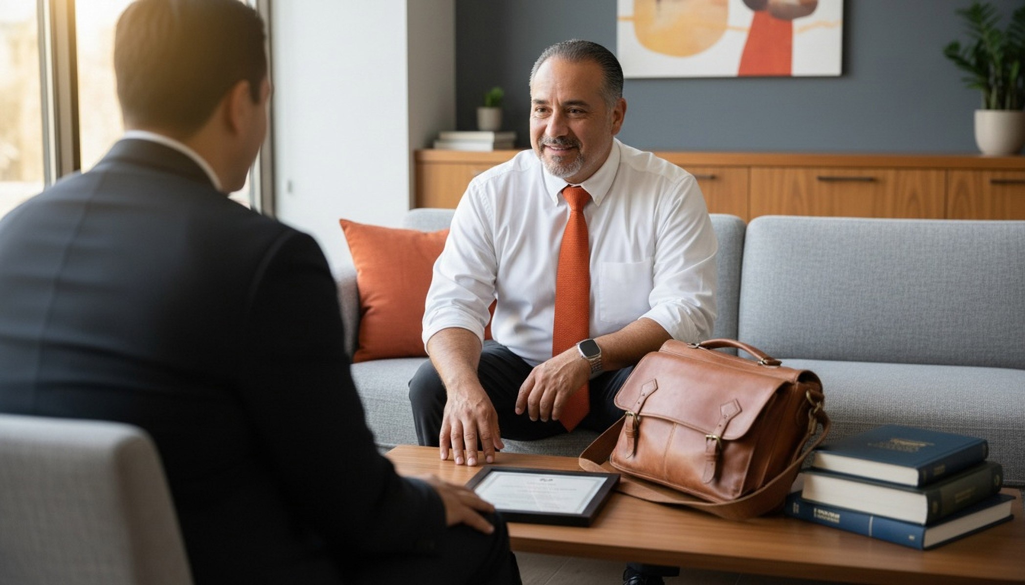 Businessmen sitting across from each other discussing integration strategy