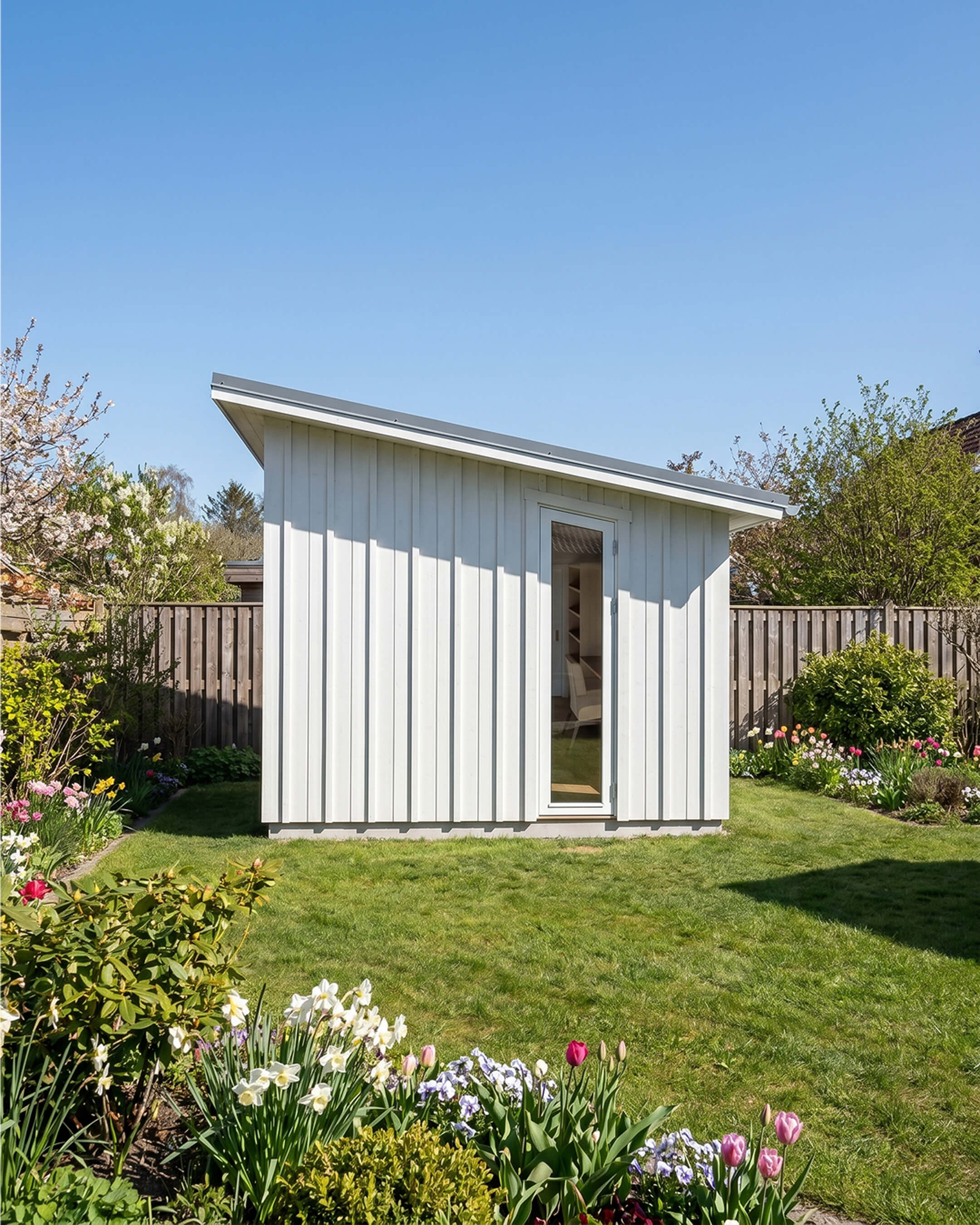 Side view of a white 12x20 shed with a tall narrow window, vertical siding and a mono-pitch roof in a landscaped backyard.