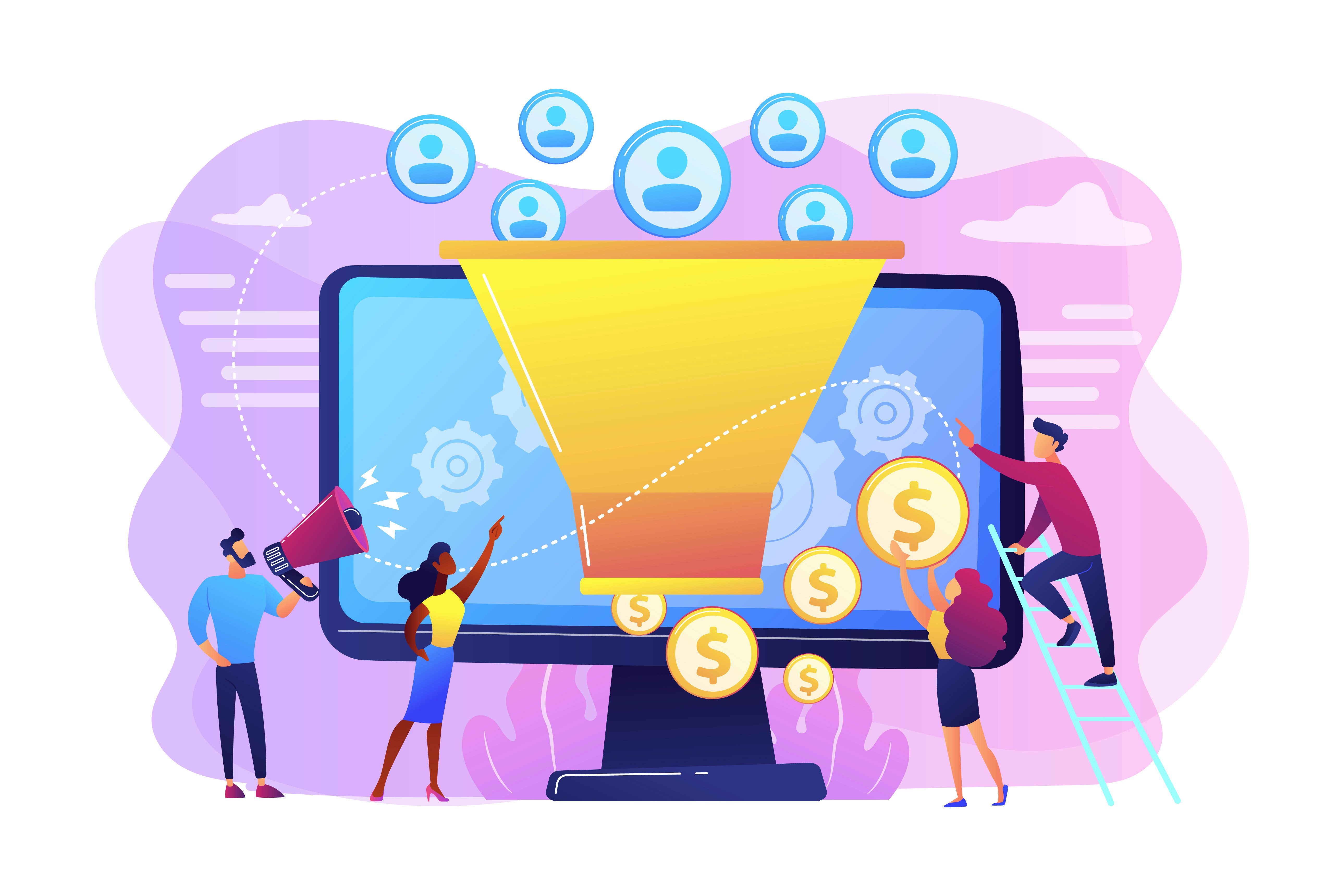 Illustration of a marketing funnel converting creator profiles into revenue coins on a desktop monitor