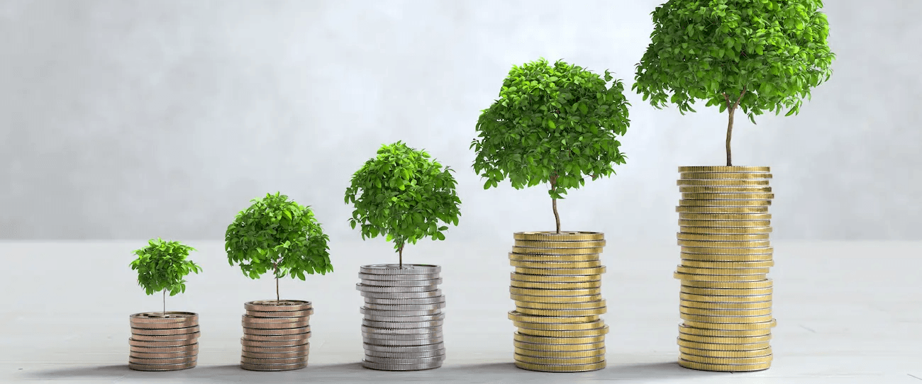 5 Stapel Münzen nebeneinander, werden von links nach rechts mehr - auf jedem der Stapel wächst ein Baum, der ebenfalls von links nach rechts größer wird