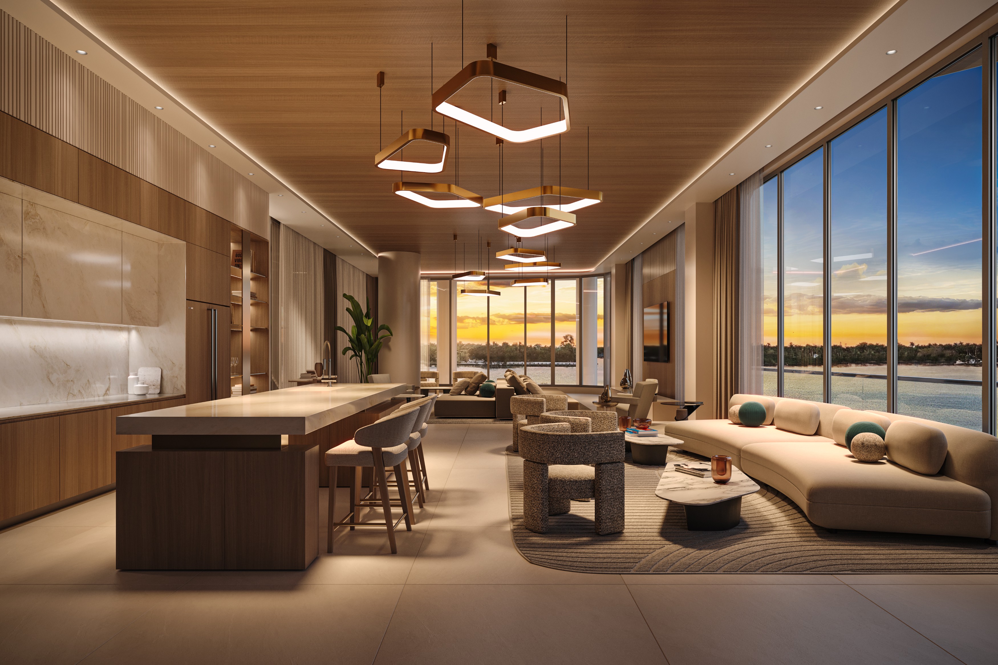 New condos Hollywood FL: private clubhouse with chef's kitchen, barstool dining, and refined lounge areas.