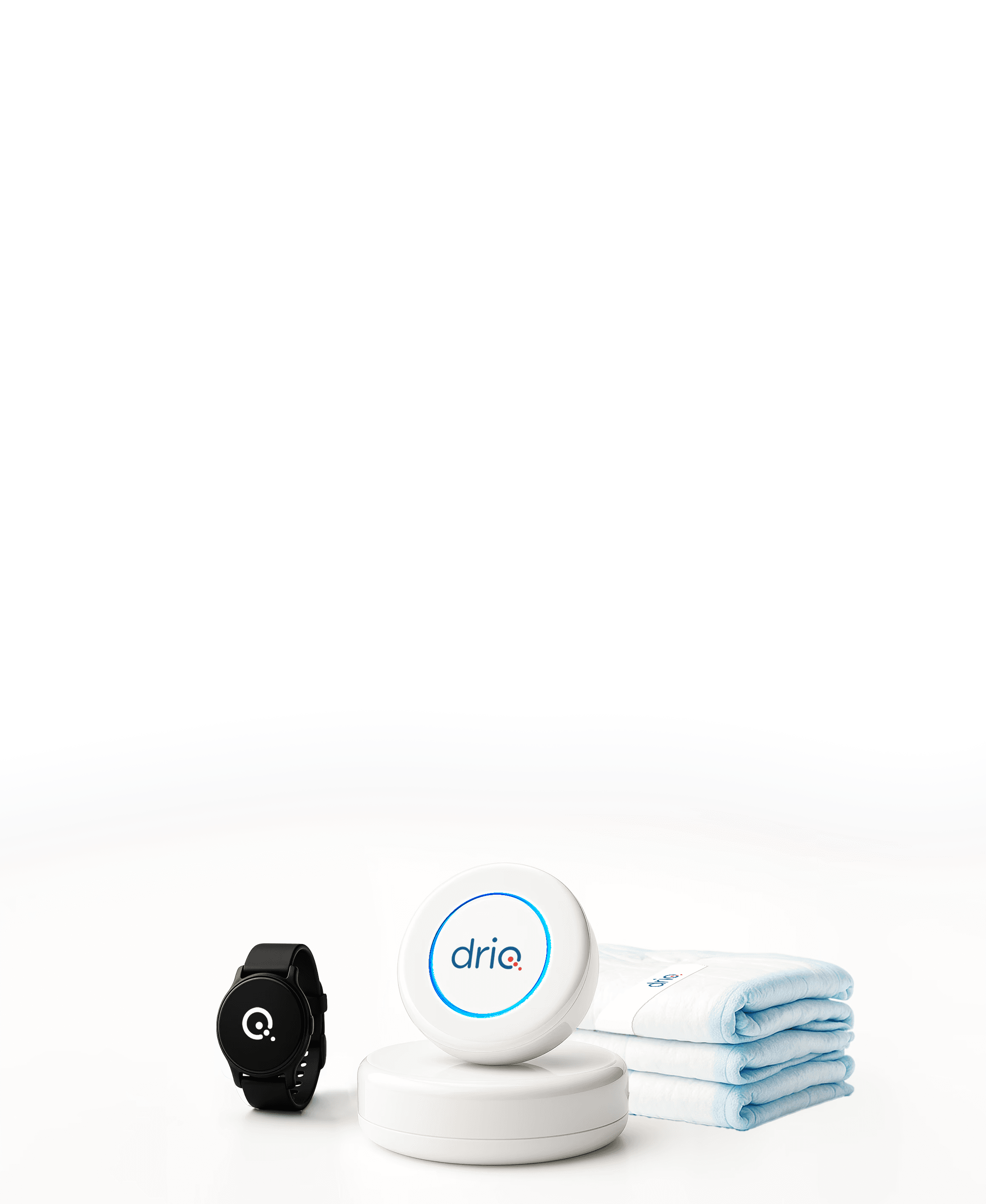 The complete DriQ Health senior safety system, including a mobility wristband for fall detection, monitoring hub, and non-invasive incontinence sensor