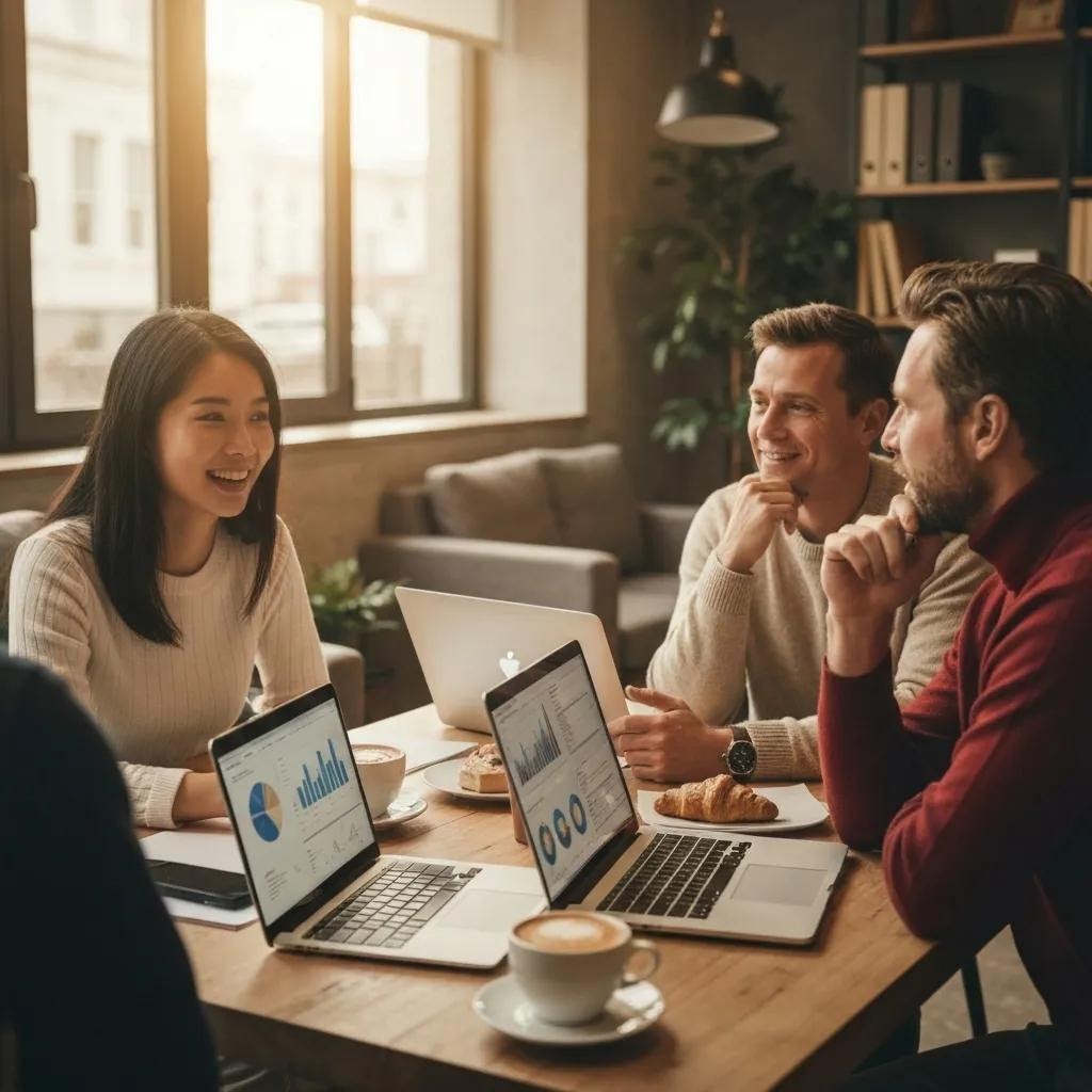 Diverse group of retail investors discussing equity tokens in a cozy workspace
