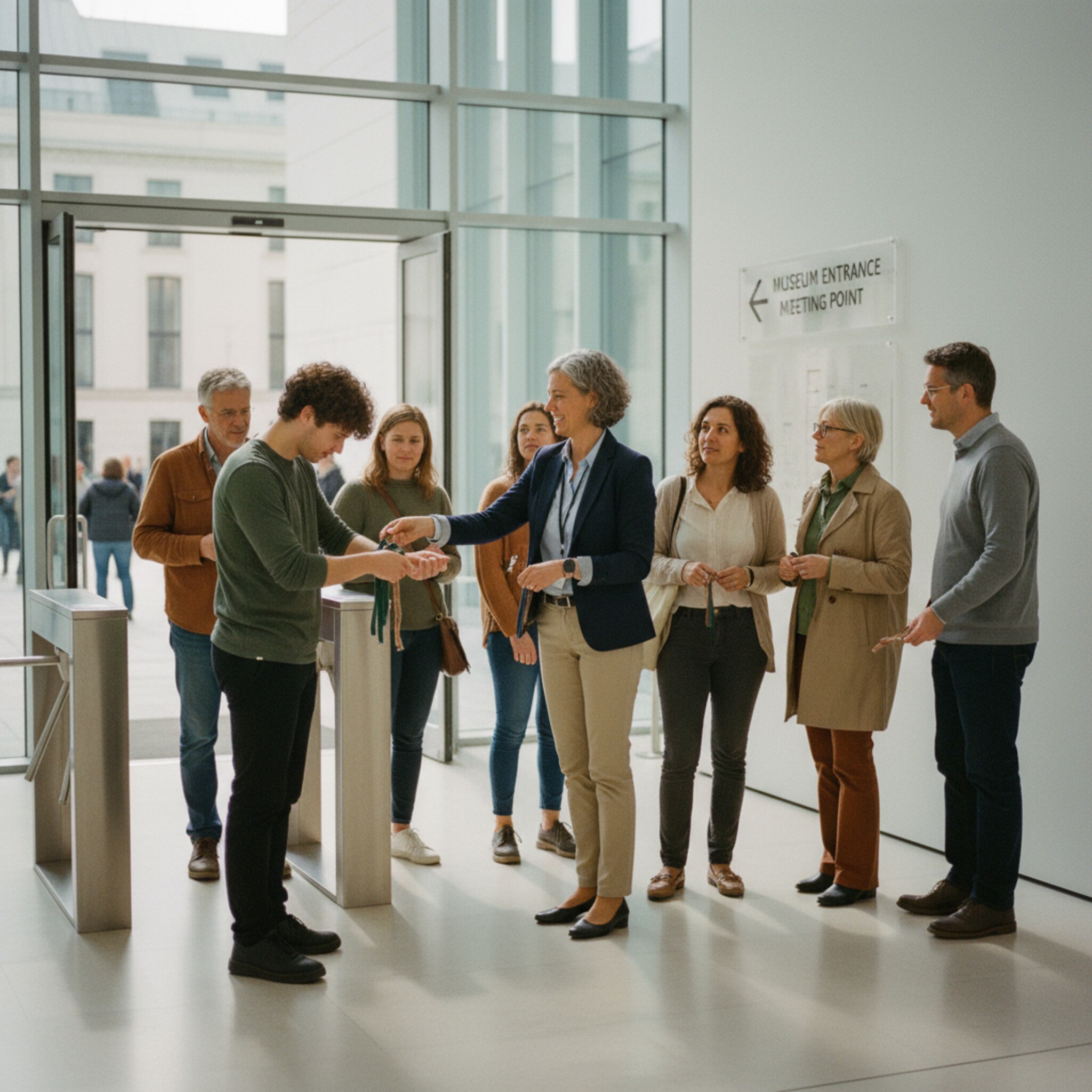 Am Eingang eines Museums begrüßt eine Stadtführerin die Gruppe und verteilt kleine Bändchen als Zeichen für den Gruppenstart. Ein klarer Wegweiser zeigt den Treffpunkt. Die Reihe setzt sich ruhig in Bewegung. Die Stimmung ist fokussiert, der Ablauf spürbar flüssig.