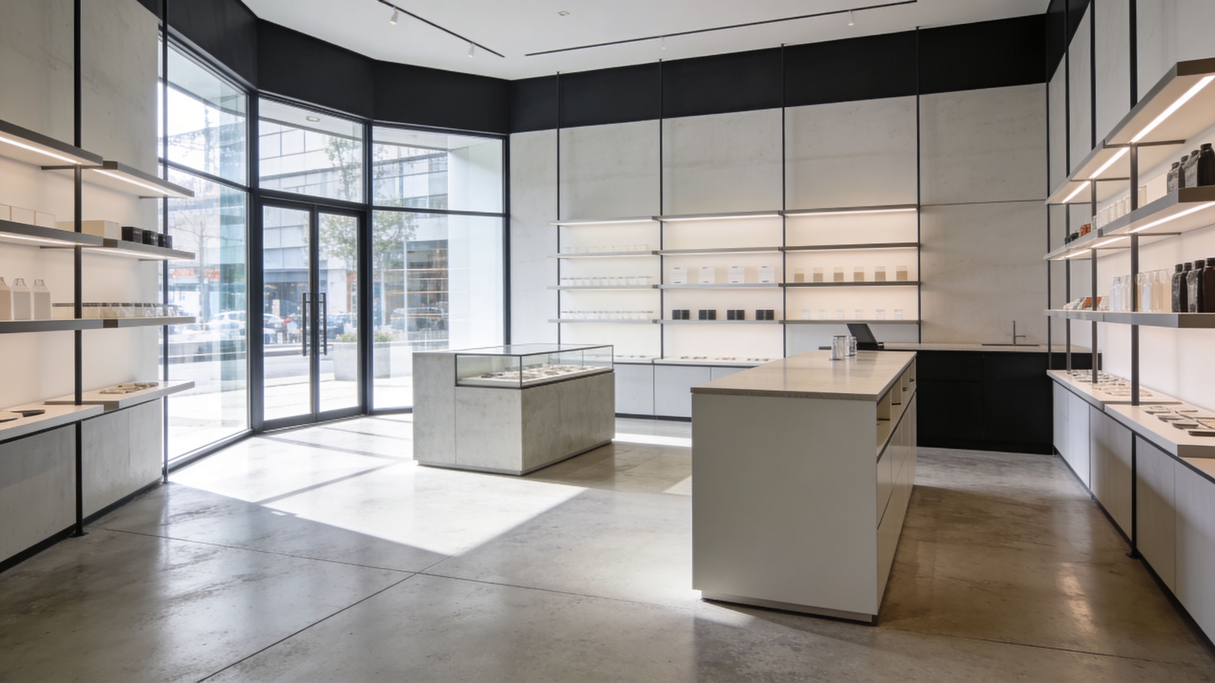 Minimalist boutique interior with clean shelving, display island, and large glass entrance