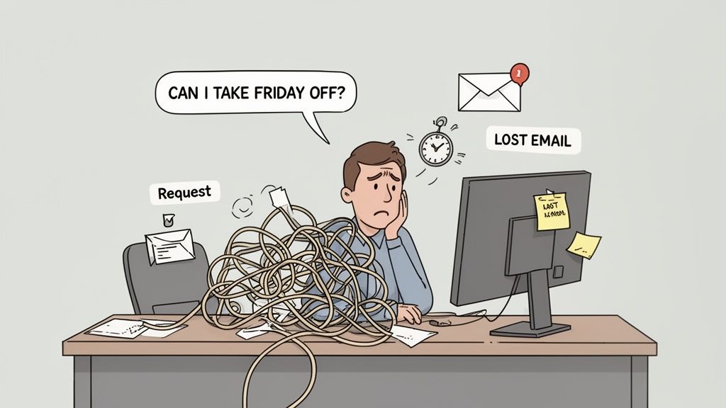 A stressed employee at a messy desk, overwhelmed by tangled wires and work requests, needs a day off.