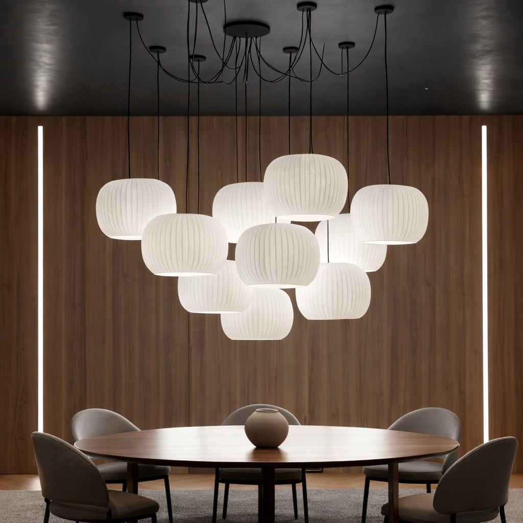A front view of a large cluster chandelier hanging over a round wooden dining table with six grey chairs in a wood-paneled room.