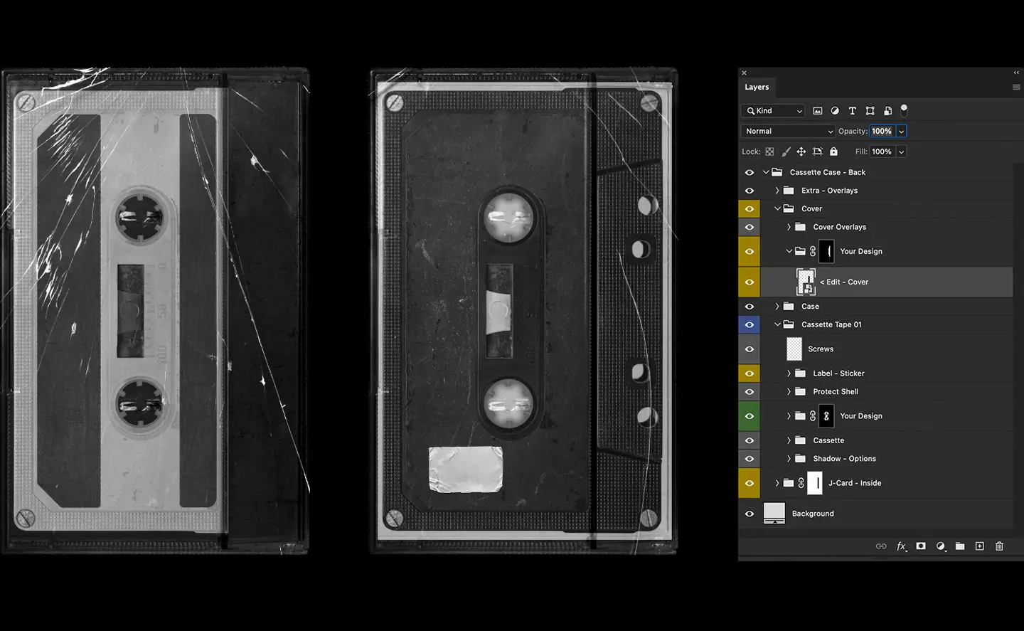 Cassette Case Mockup demonstrating the smart object layer for easy custom artwork placement.