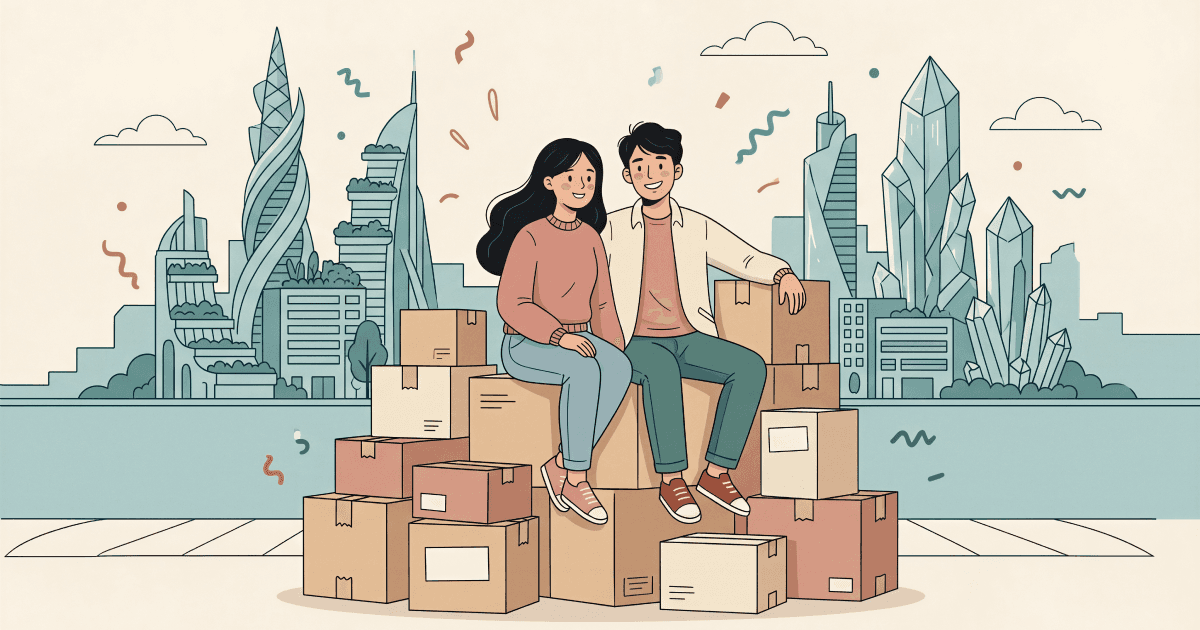 Illustrated young couple sitting on top of a stack of moving boxes on a sidewalk. The woman wears a pink sweater, the man wears a light cardigan. A potted plant, rolled-up rug, and smaller boxes surround them. A street lamp to the right. A city skyline in soft outline behind them with cars on the road. Hand-drawn doodle marks in teal scattered in the sky. Warm cream background, flat painterly style, variable linework.