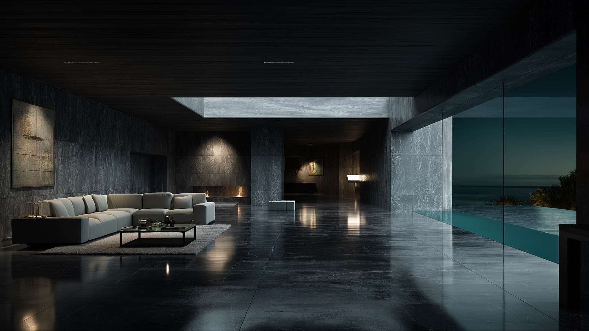 Modern living room with dark marble floors, large cream sofa, and sleek decor. A floor-to-ceiling window reveals an adjacent pool and night sky.