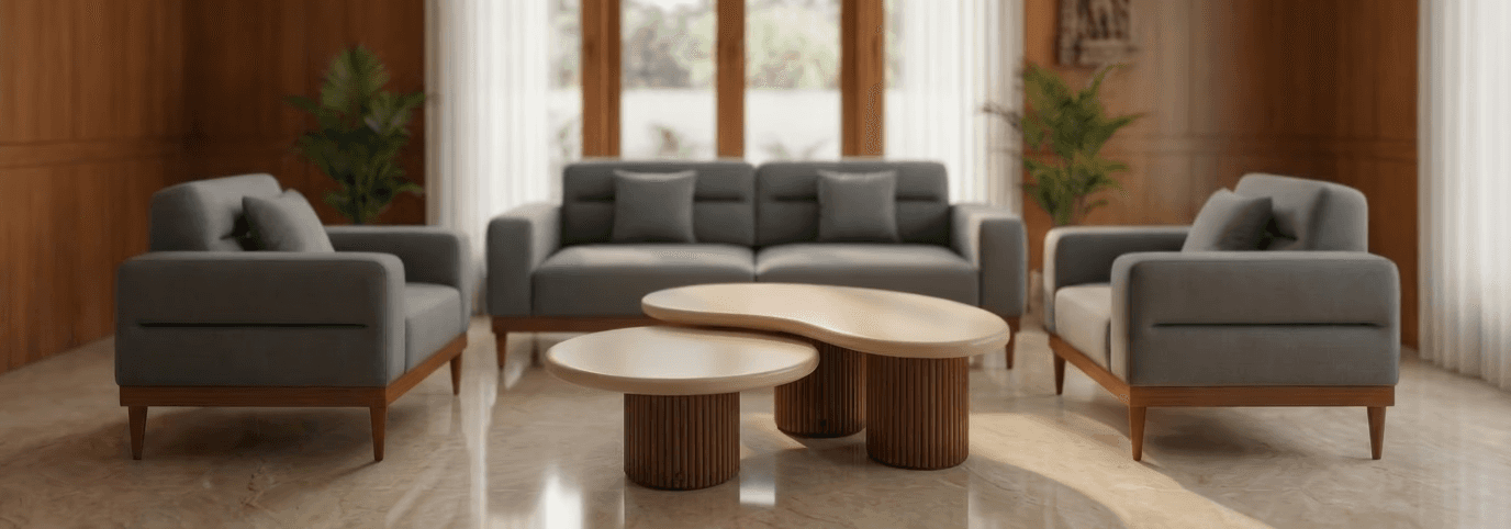 Three‑seater olive green upholstered sofa with straight cushions and wooden base