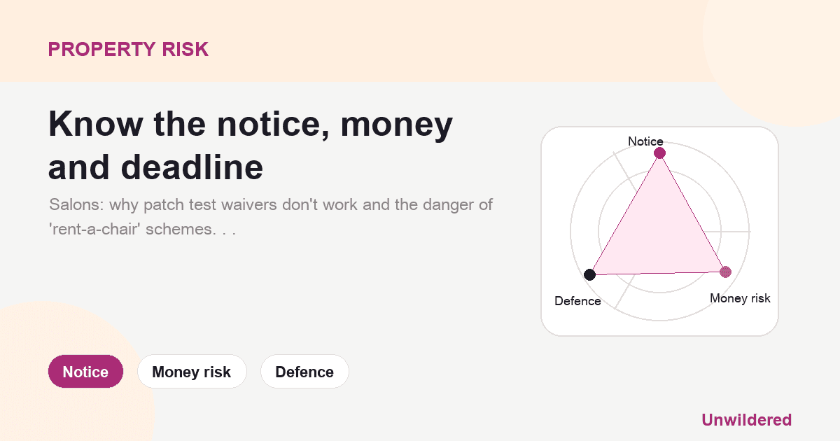 Explainer card for The Salon Survival Guide: Patch Tests, Fillers, and Employment Tribunals: Notice, Money risk, Defence.