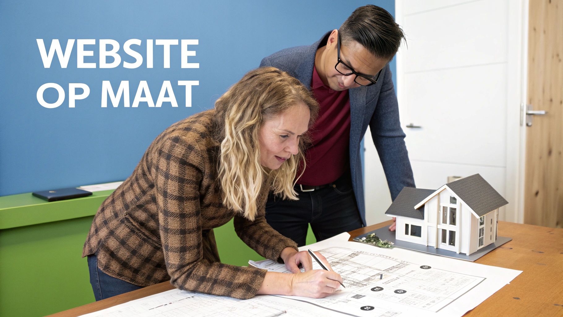 Man en vrouw werken samen aan bouwplannen en een modelhuis, symboliserend maatwerk en design.