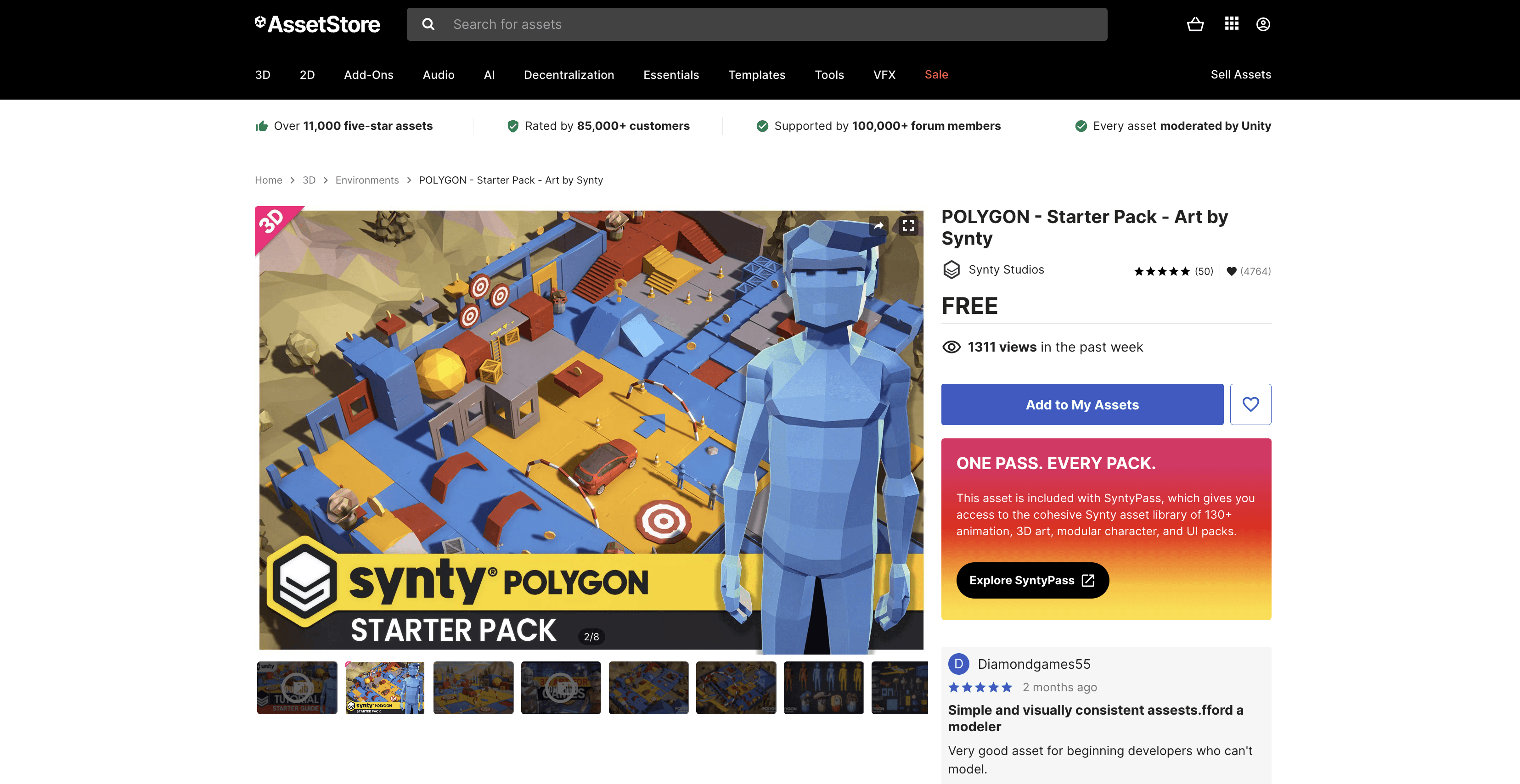 Unity Asset Store page for the free POLYGON Starter Pack by Synty Studios, featuring low-poly characters, props, and environment pieces.