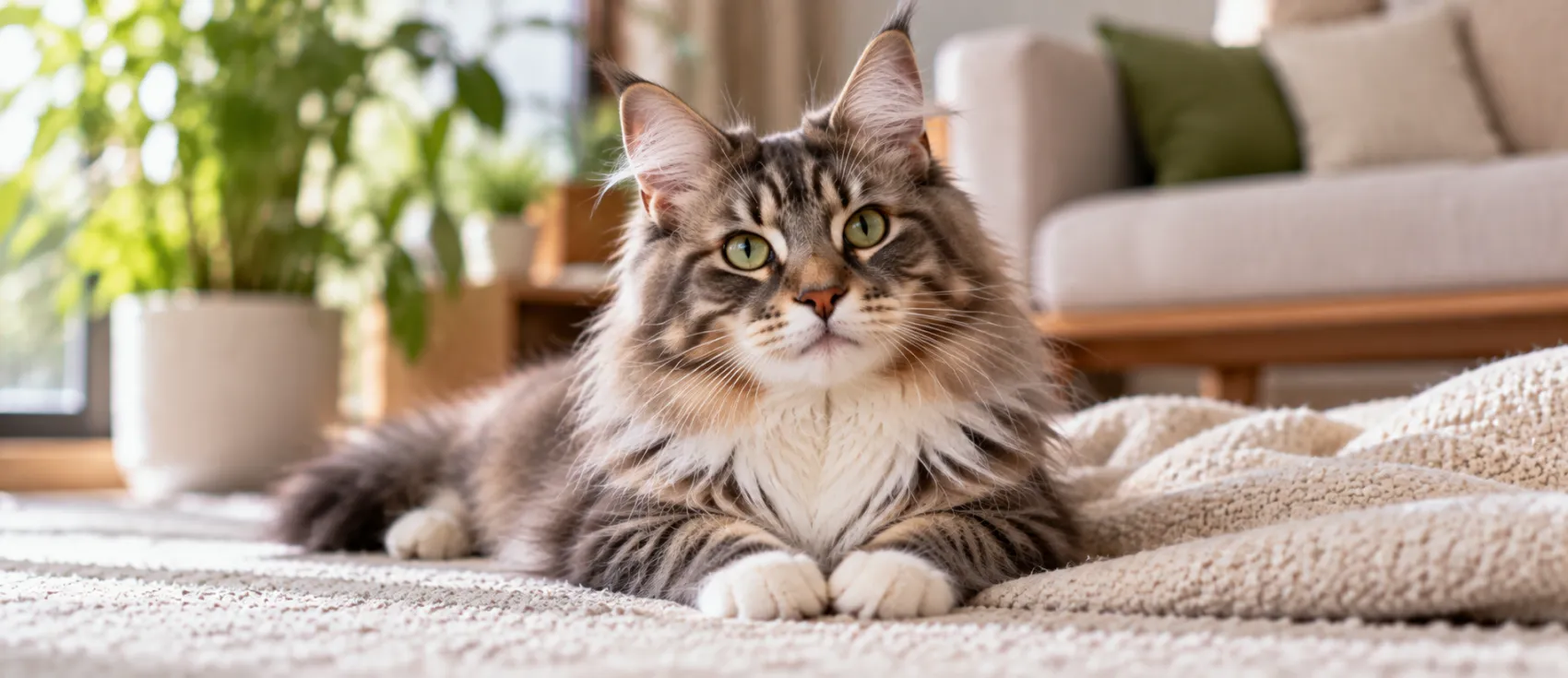 Fluffy tabby cat lying calmly on a blanket in the living room.