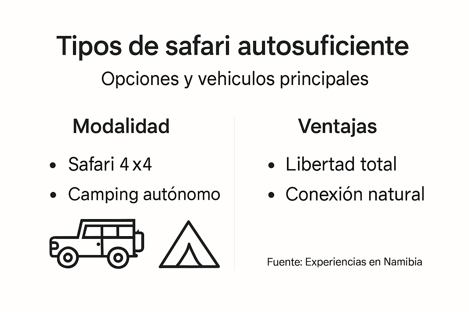 Guía visual sobre las diferentes modalidades de safari independiente en Namibia y sus principales beneficios