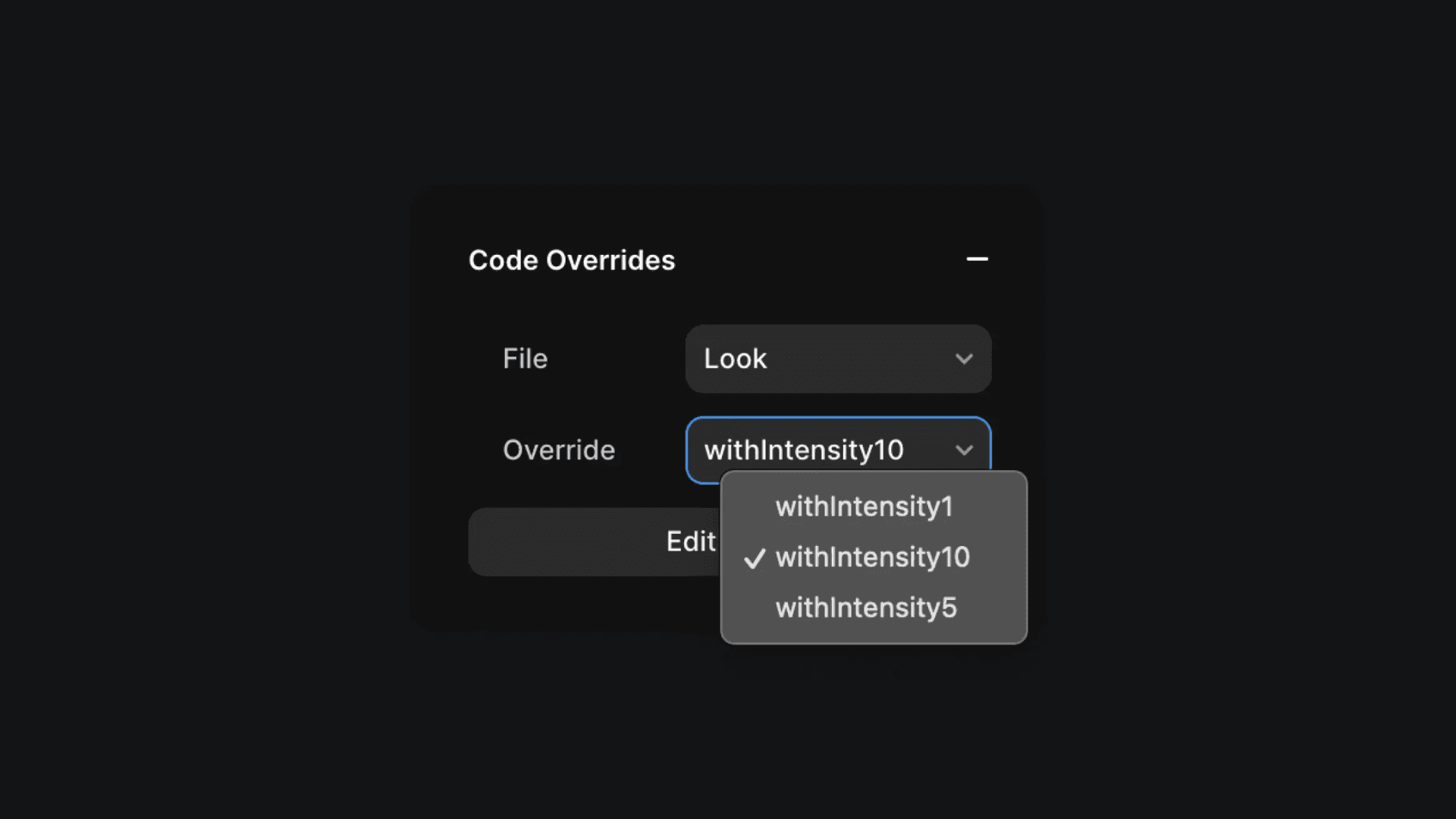 The image shows a "Code Overrides" menu with "withIntensity10" selected from intensity options