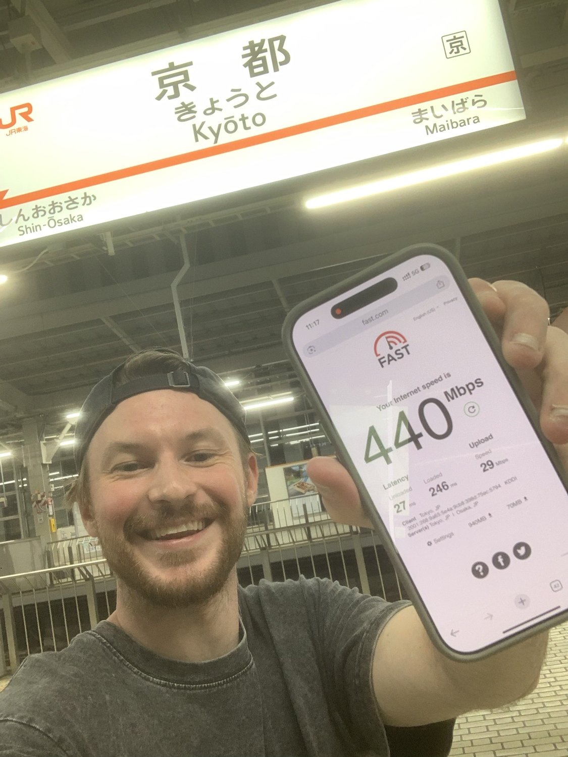 Speed test result recorded at Kyoto Station, Japan