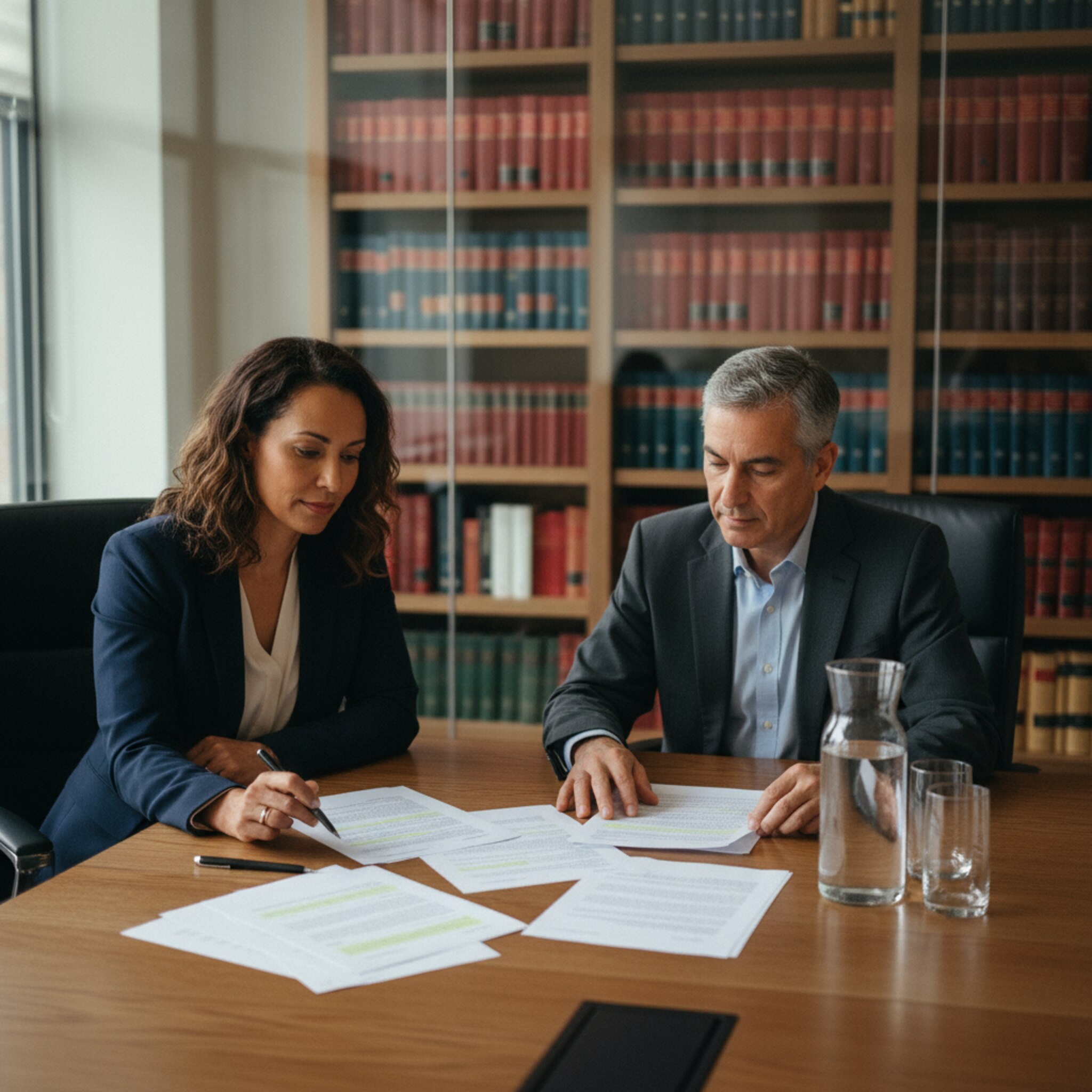 Ein Besprechungsraum mit großem Holztisch, zwei Partner beugen sich über ausgedruckte Vertragsentwürfe. Eine Kanne Wasser und Gläser sorgen für eine aufgeräumte, gastfreundliche Note. Durch die Glaswand sieht man Bücherregale mit Kommentaren, die Szene strahlt Sorgfalt, Diskretion und Vorbereitung auf ein wichtiges Mandantengespräch aus.