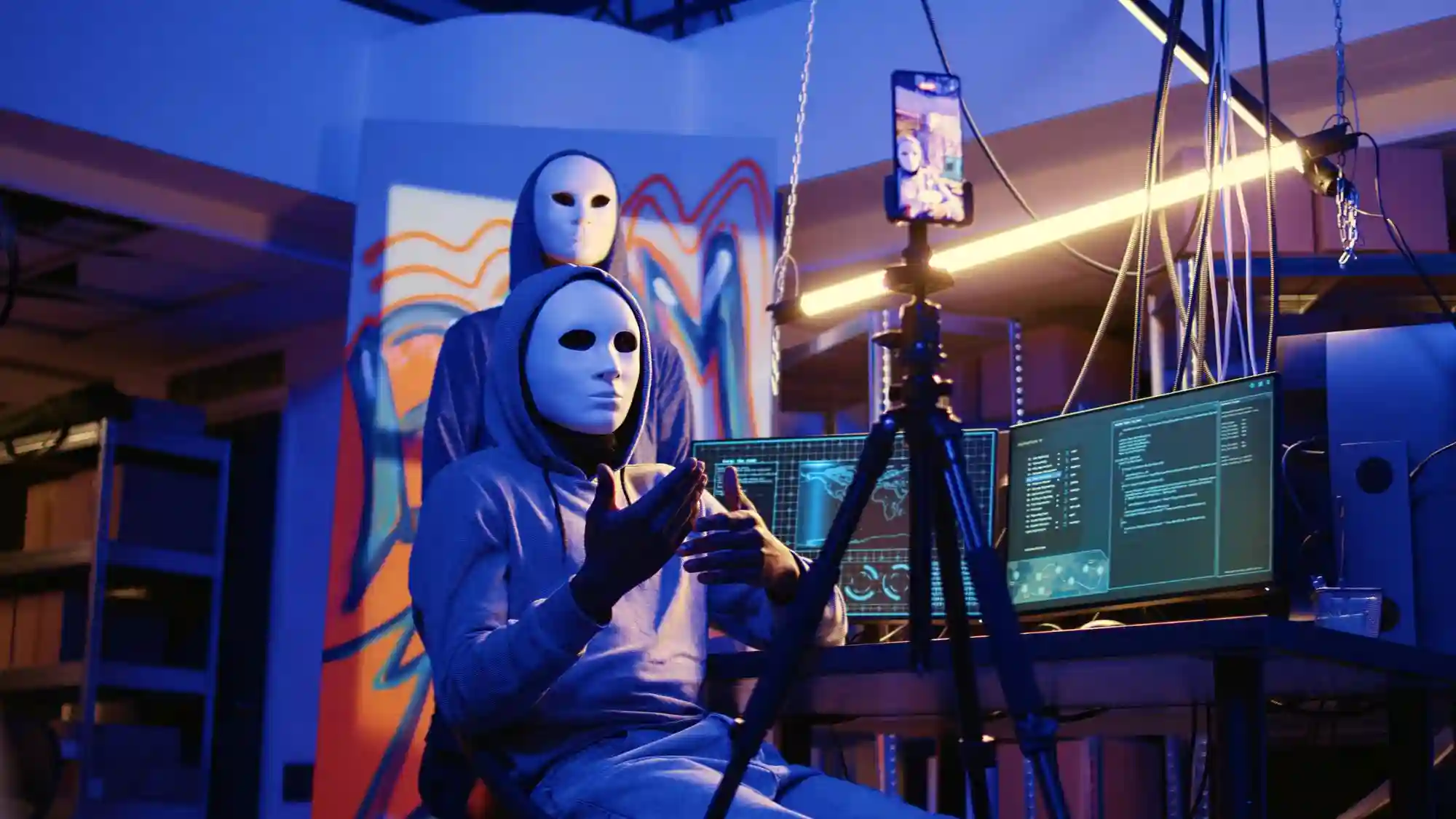 A masked individual in a hoodie sits at a computer desk livestreaming from a blue-lit, high-tech hacker workspace.
