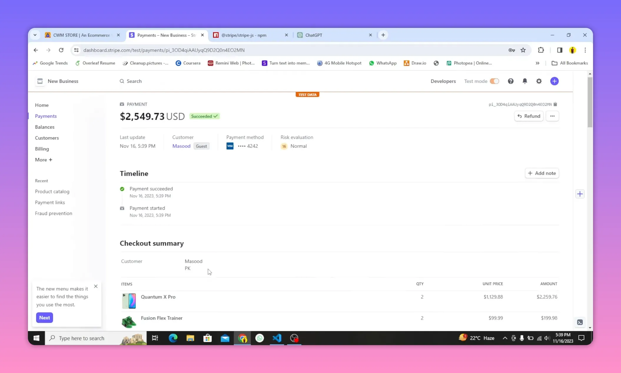 Stripe Dashboard detailed payment view showing successful status, amount, timeline and checkout summary
