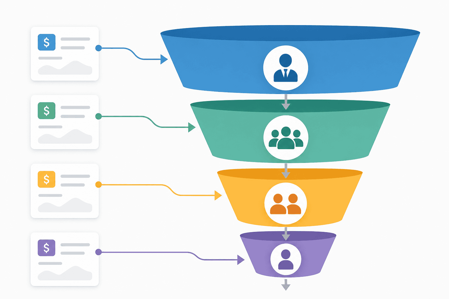 A clean, modern diagram showing a multi-tier approval funnel with four distinct levels, illustrated as horizontal bands stacked vertically with arrows flowing downward. Each tier is represented by a different color band with abstract icons representing stakeholders — a single person at the bottom tier, two people at the next, a group at the third, and an executive figure at the top. Small deal cards flow into the funnel from the left and route to the appropriate tier. Minimalist flat design on a light background, no text or labels.