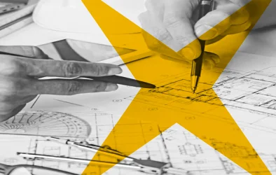 Construction team reviewing architectural blueprints, representing AI-powered project closeout automation