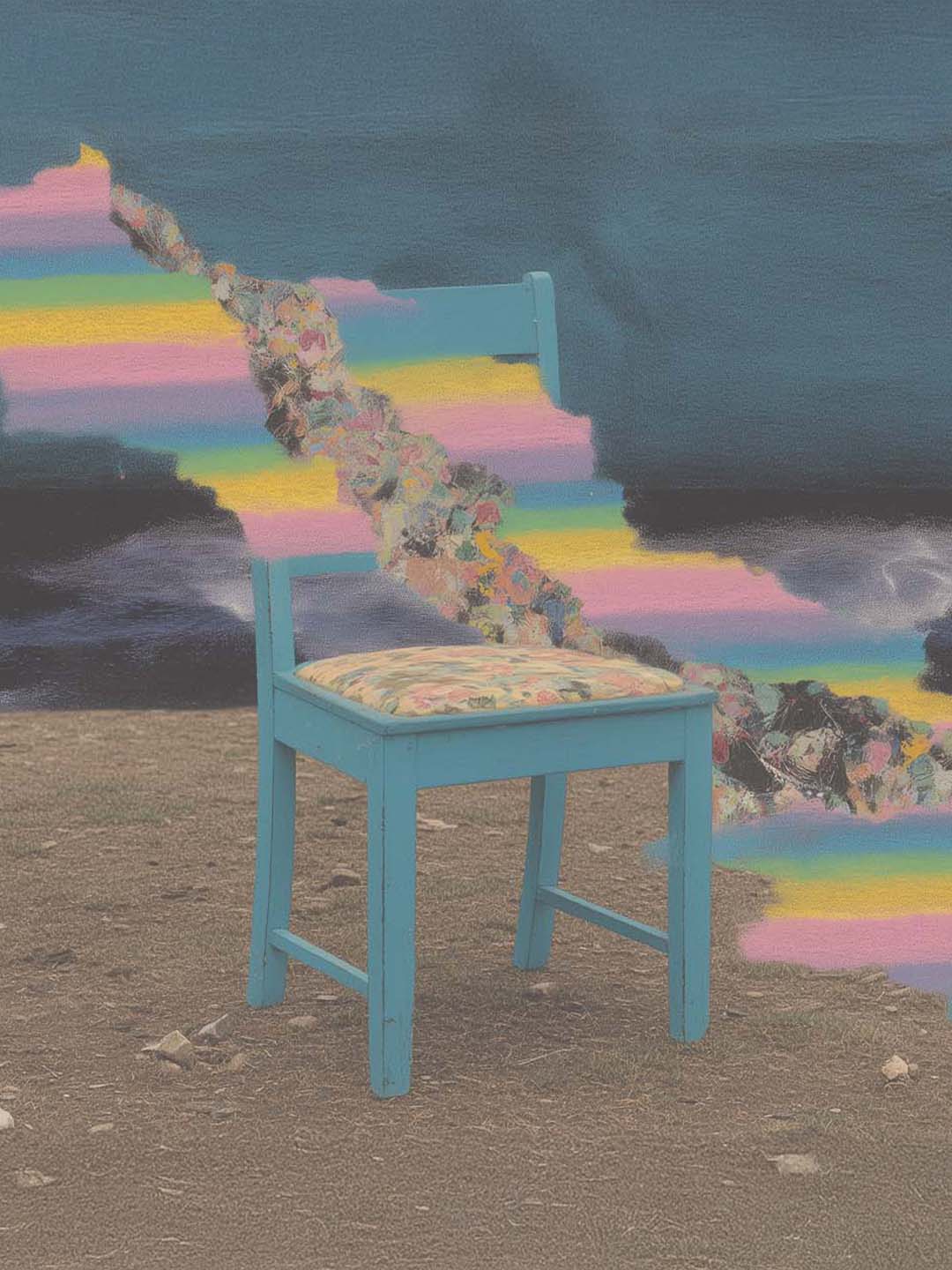 Minimal surreal collage of a blue chair and rainbow pathway, conceptual design piece.