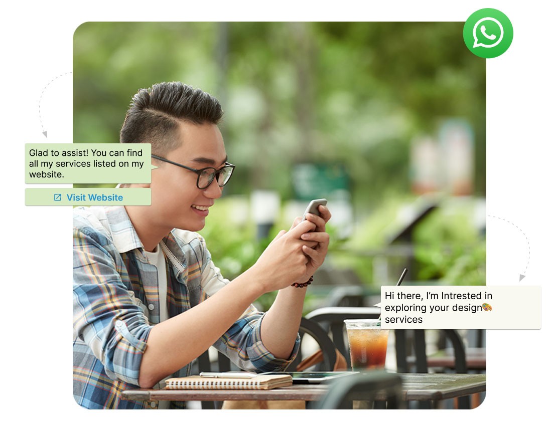 WhatsApp chat showcasing design service inquiry, man with glasses using smartphone in an outdoor cafe setting