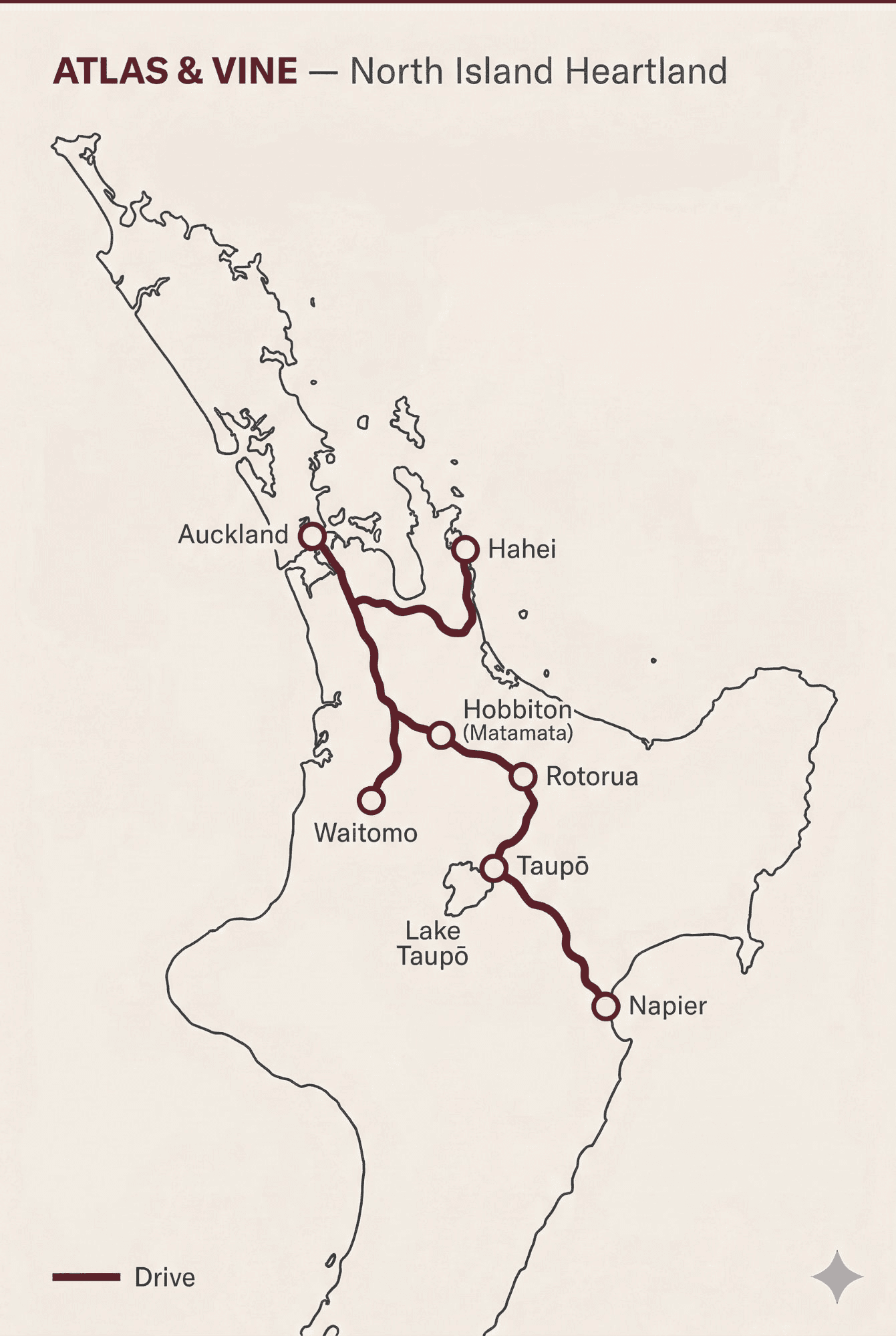 Atlas & Vine itinerary map: North Island Heartland — Auckland, Hahei, Hobbiton (Matamata), Rotorua, Waitomo, Taupō, Napier, connected by drive route.