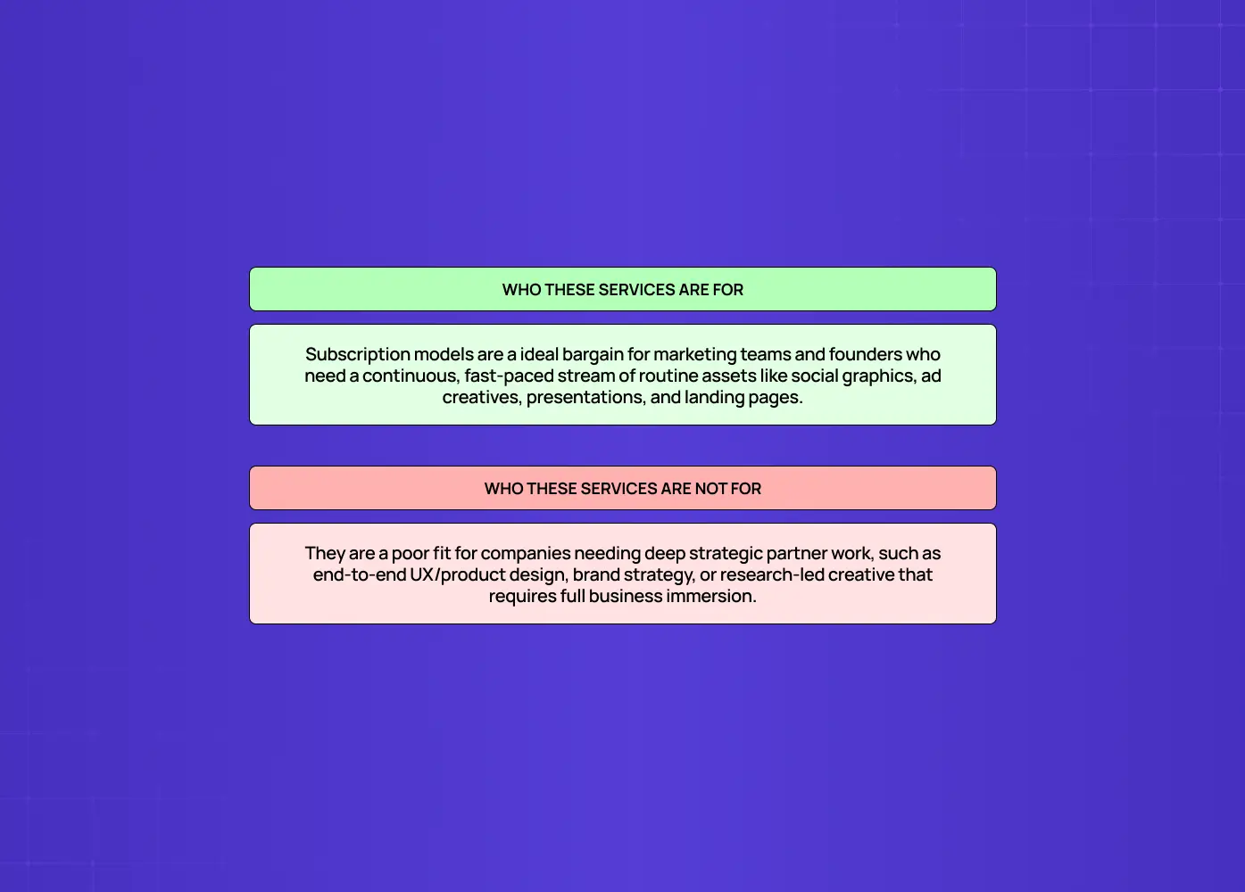 Comparison showing who design subscription services are ideal for and who should instead consider strategic design partnerships or agencies.