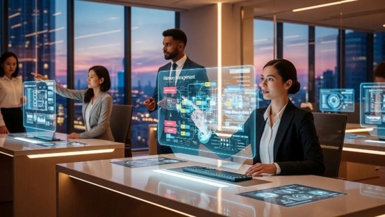 Futuristic office environment demonstrating AI memory management with professionals interacting with advanced technology
