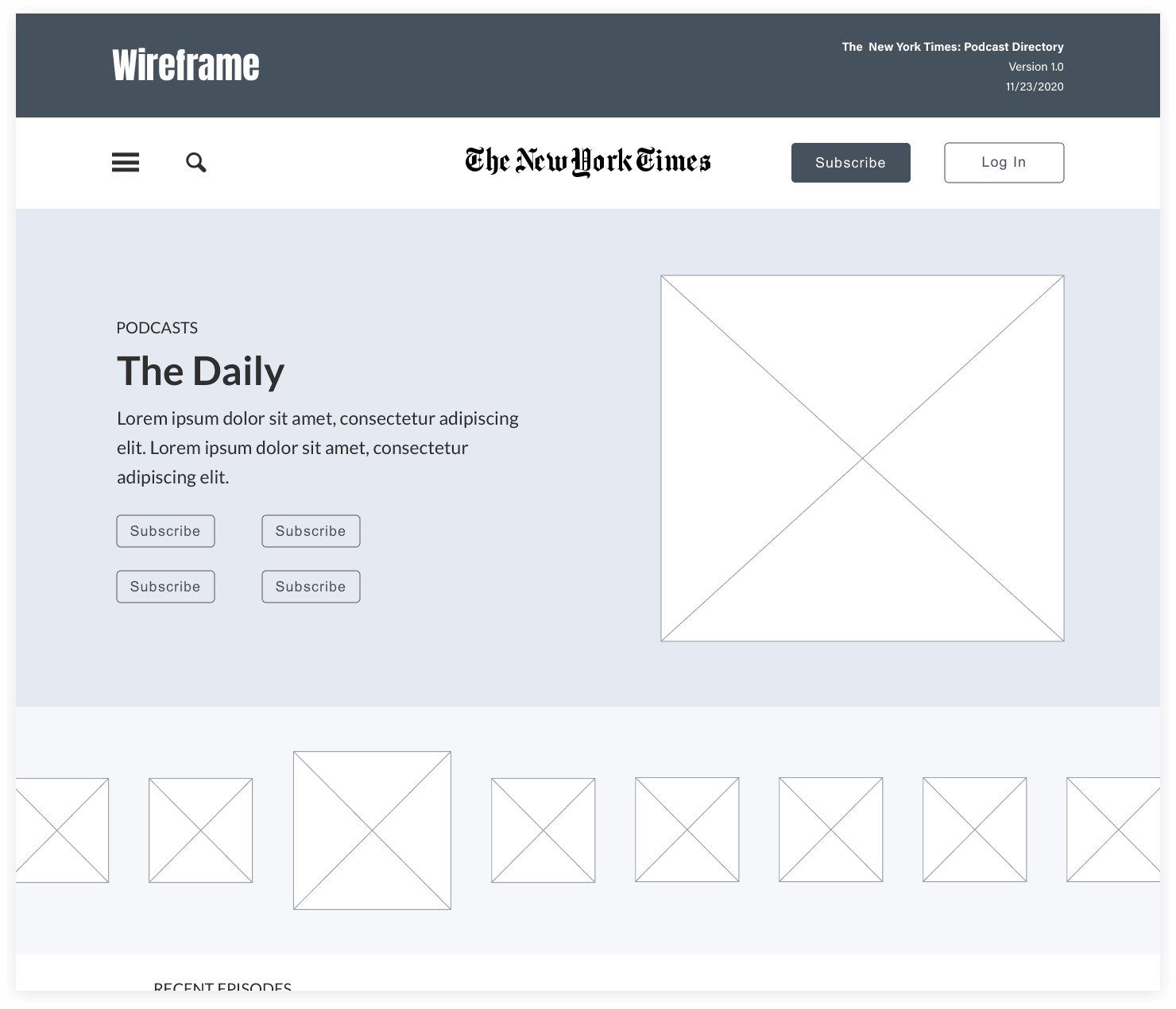 Wireframe for the redesigned New York Times podcast directory header