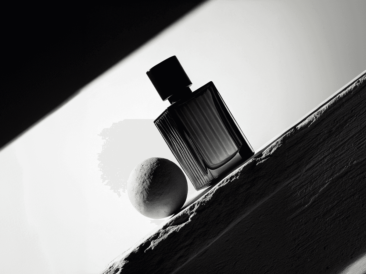 Elegant black glass perfume bottle mockup resting on a stone ledge next to a textured concrete sphere