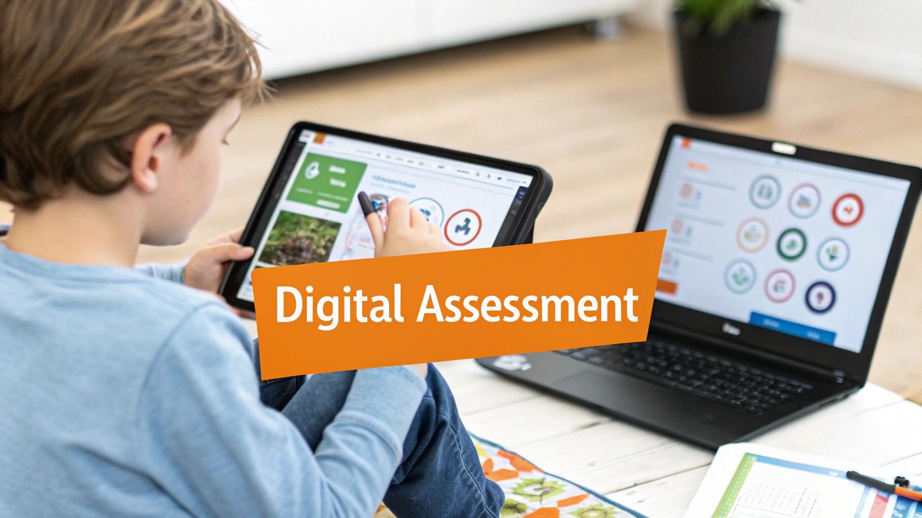 A young boy uses a tablet for a digital assessment, with a laptop nearby.