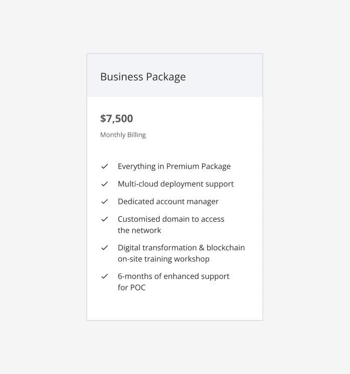 Block Aero Business Package pricing details at $7,500 monthly including multi-cloud support, dedicated account manager, and blockchain training workshops.