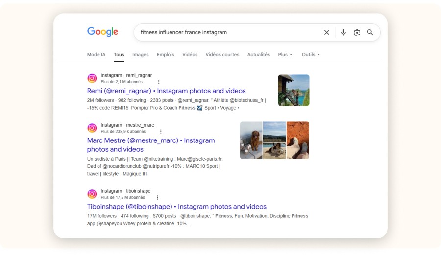 Résultats Google pour recherche fitness influencer france instagram avec profils.
