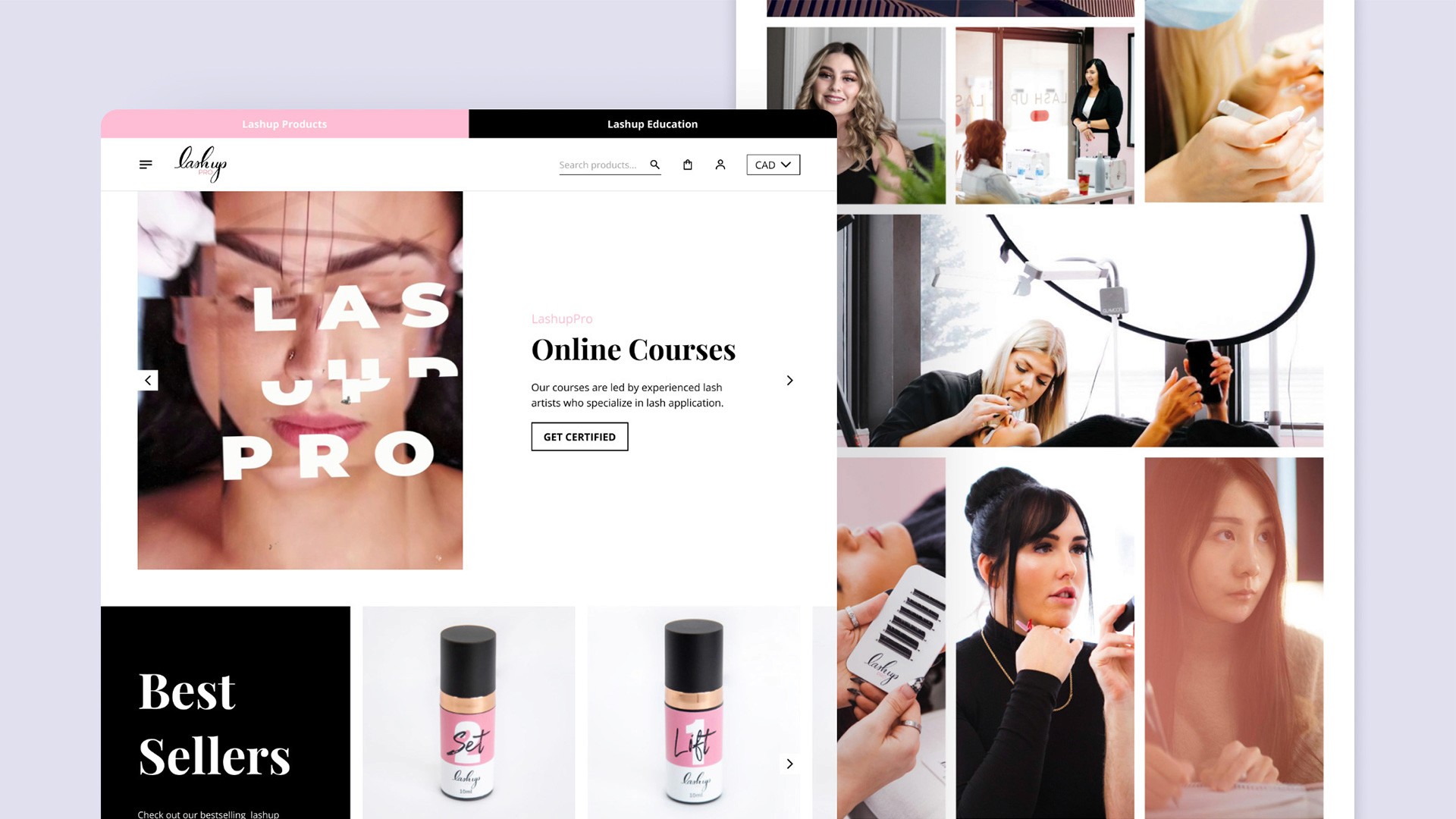 Homepage of Lashup, an online store offering lash products and courses, featuring a banner for online certification courses, a best-sellers section with lash products, and a collage of images showing lash artists working and teaching. The page also highlights popular categories and customer shopping options.