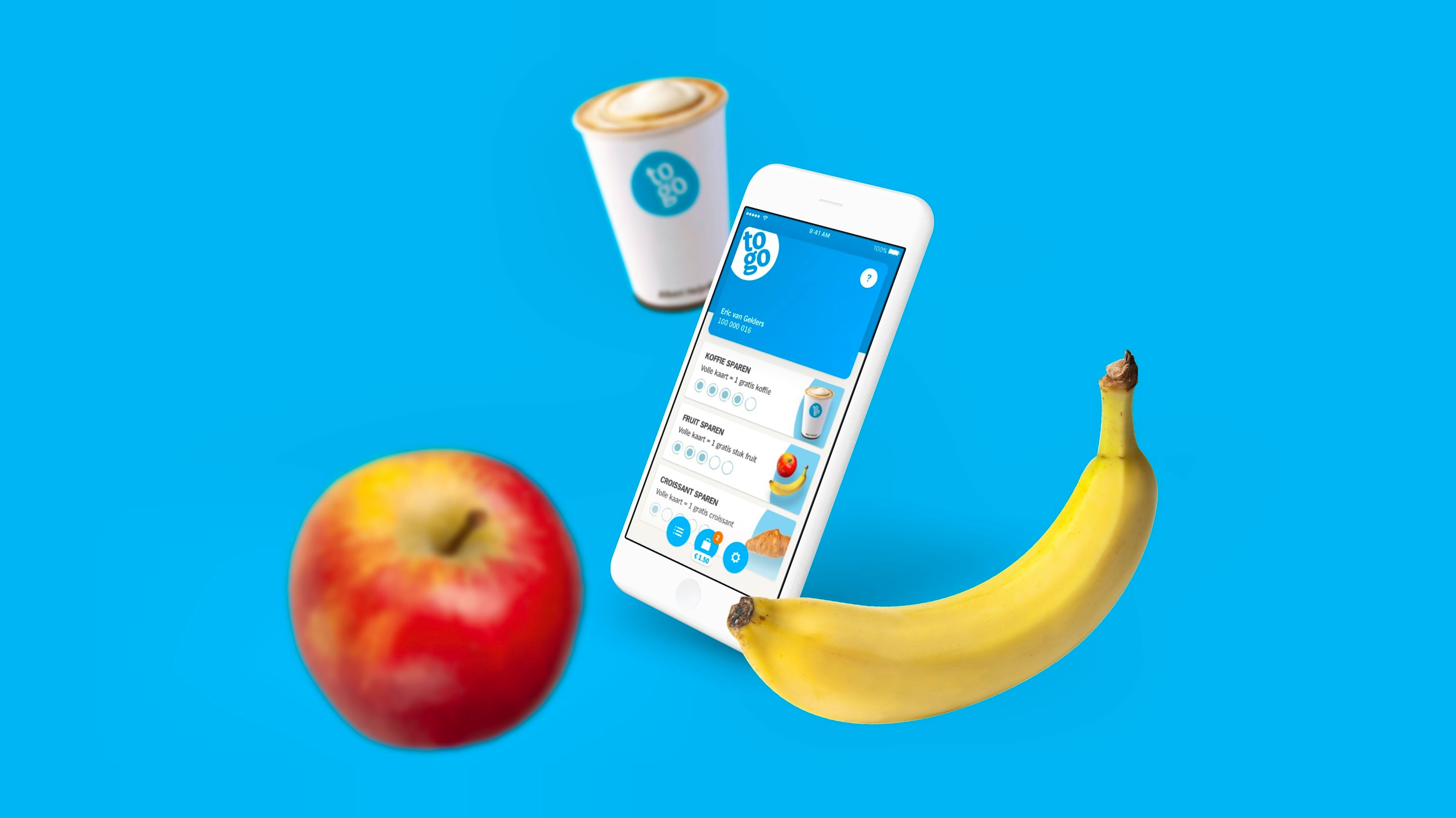 Albert Heijn to go — mockup of a phone showing the Tap To Go app with floating products around it — Soda Studio case study