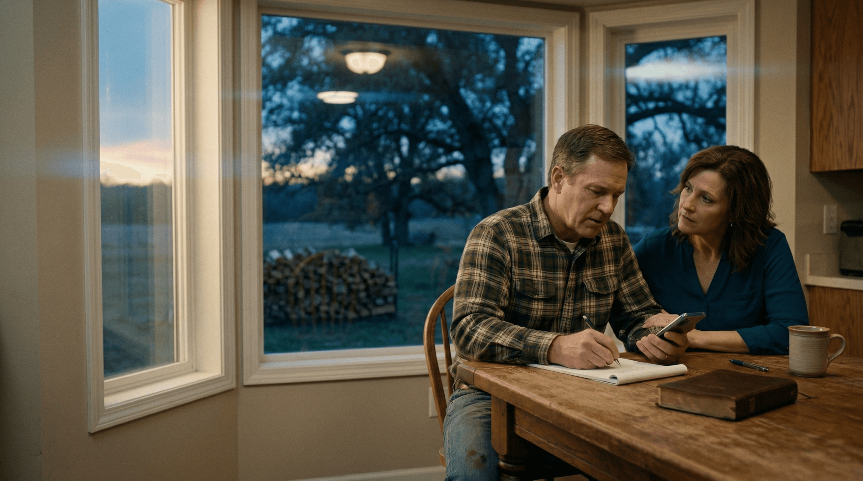 Couple reviewing financial documents at a kitchen table, planning around a major liquidity event or business transition