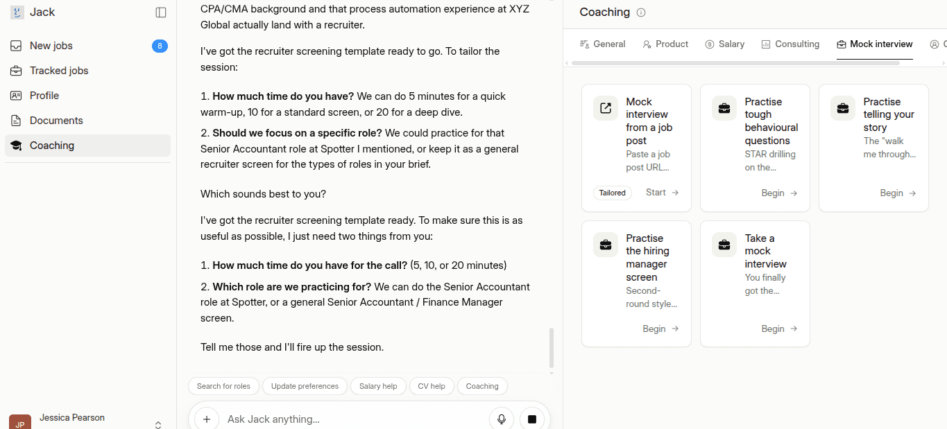 Jack and Jill coaching tab showing mock interview options tailored to a matched job
