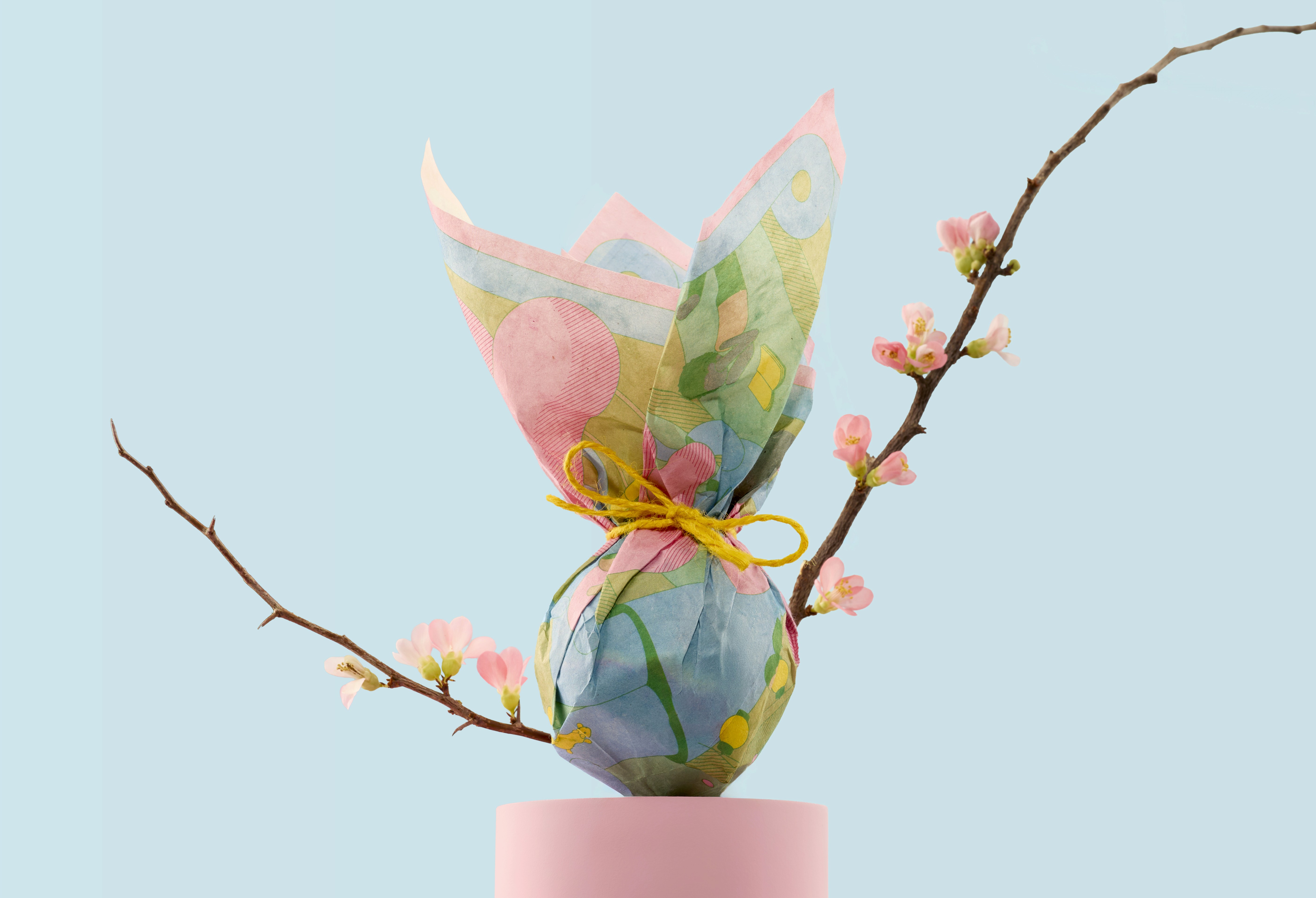 Small gift wrapped in translucent illustrated paper, tied with yellow string and placed next to cherry blossom branches.